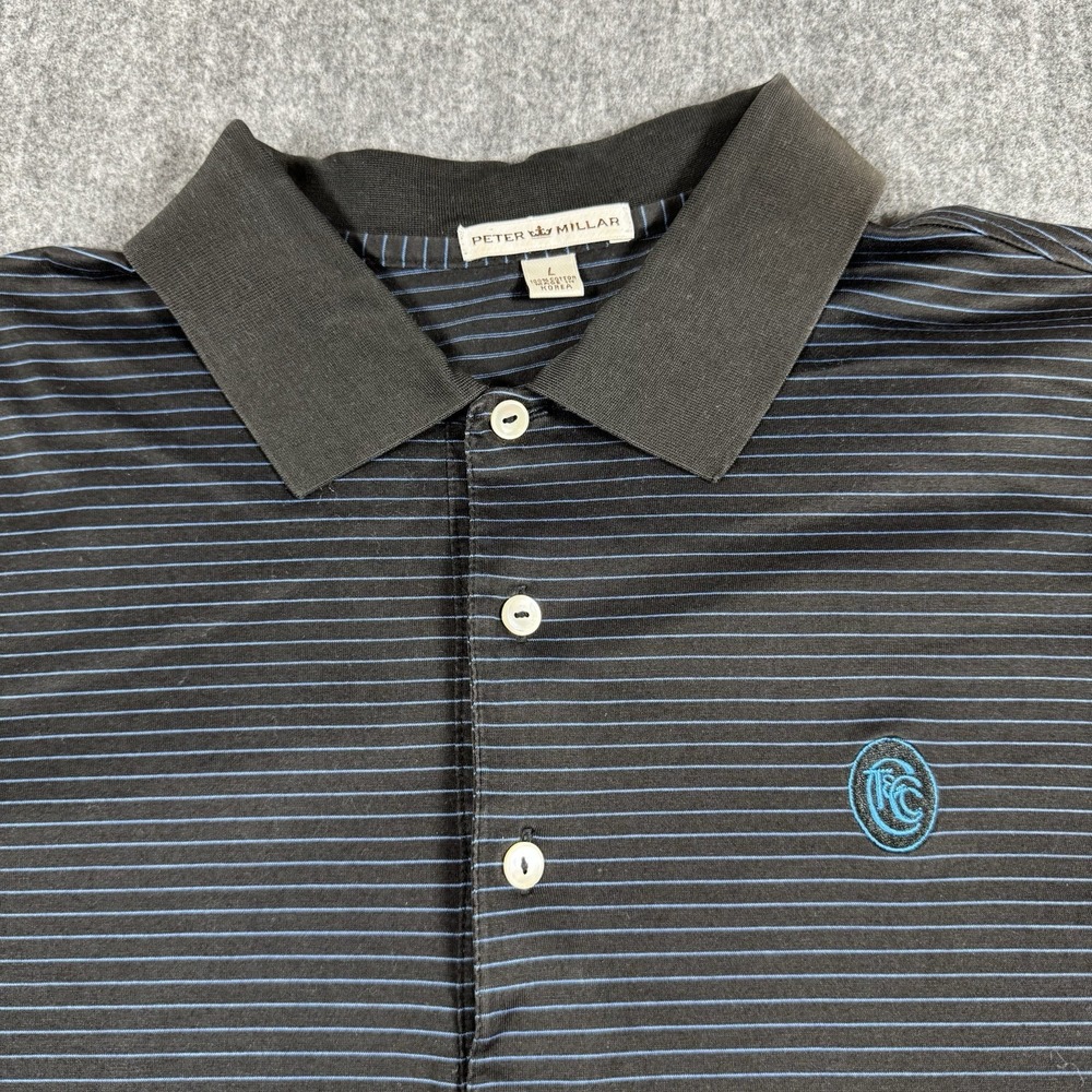 Peter Millar Men's Golf Polo Shirt L Black Blue Stripe Cotton Embroidered Logo